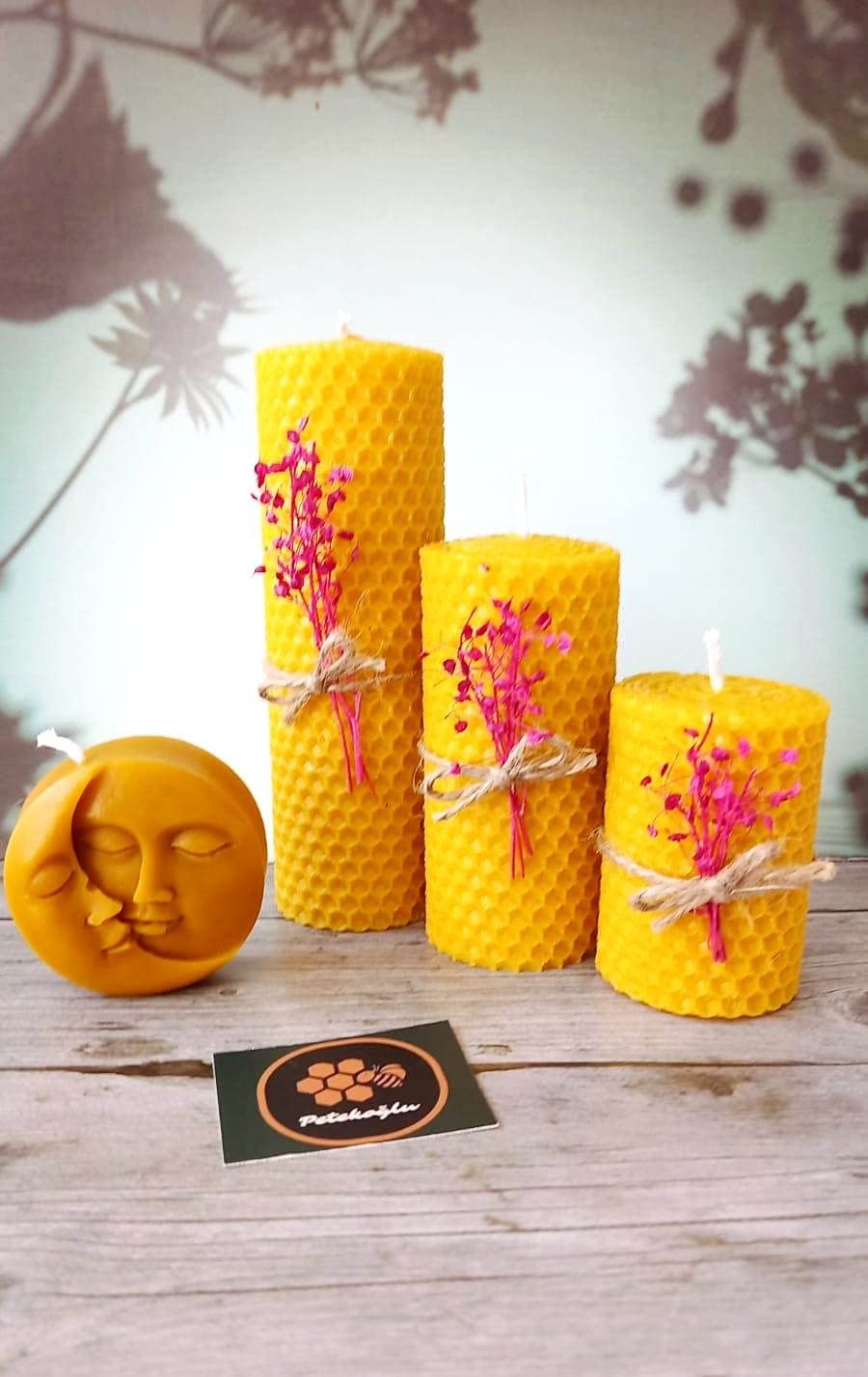 Peteko?lu Candle Beeswax Set of 4 Beeswax Candle Natural Set. Bees Wax Candle Gift Set (Pink Flower Moon Sun)