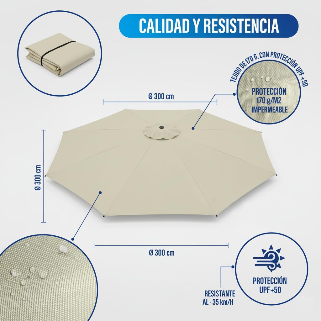 Pincho Toldo de Repuesto para Sombrilla Jardin Exterior de 300 cm, Grueso y Fuerte, Tela de Repuesto para Paraguas de Patio con 6 o 8 varillas para exteriores, Toldo para sombrilla UV50+ — view 2