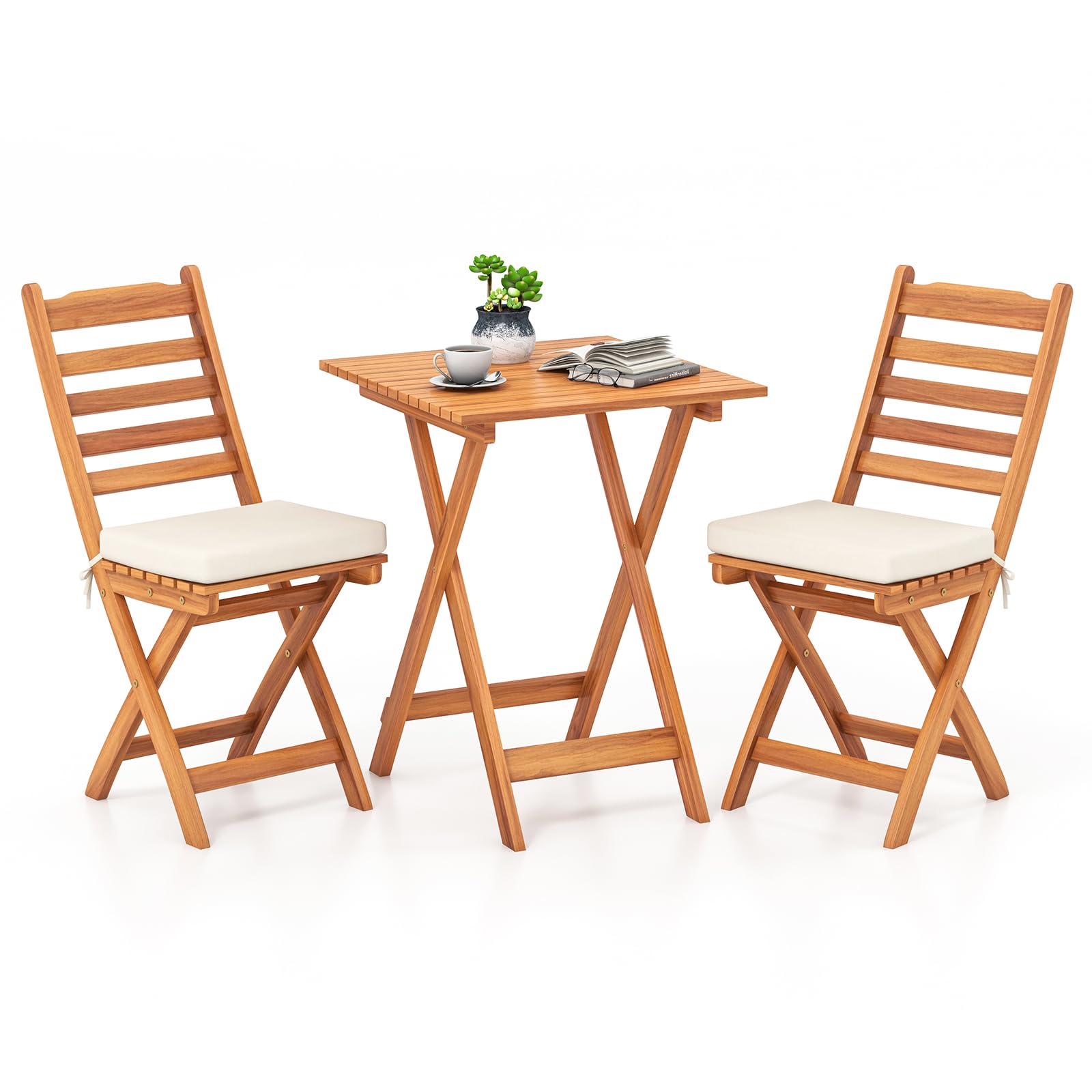 GIANTEX Mobili da balcone piccolo balcone, tavolo da bistrot con 2 sedie, set di mobili da giardino in legno pieghevole, set da balcone per esterni, per 2 persone, set da giardino con cuscino