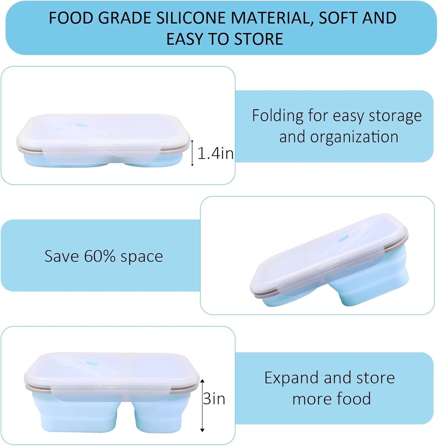 2 Pack Collapsible Silicone Lunch Box Set, 2 Compartments Bento Boxes with Lids, Food Storage Containers for Meal Prep, Office, Travel, Camping, BPA Free(Blue+Green)