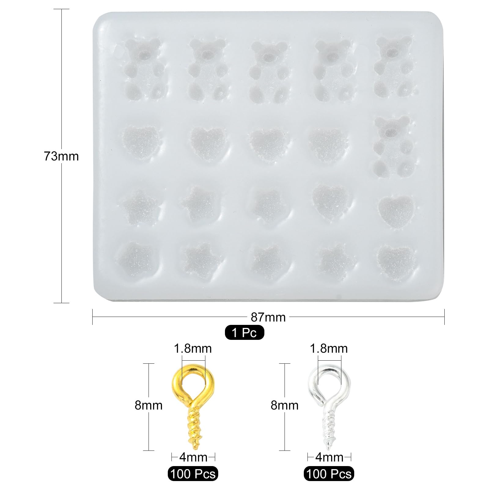 UR URLIFEHALL 1 Pc Bear Star Heart Silicone Resin Mould DIY Resin Casting Moluds with 200 Pcs Screw Eye Pins for DIY Resin Crafts Ornaments - Image 2