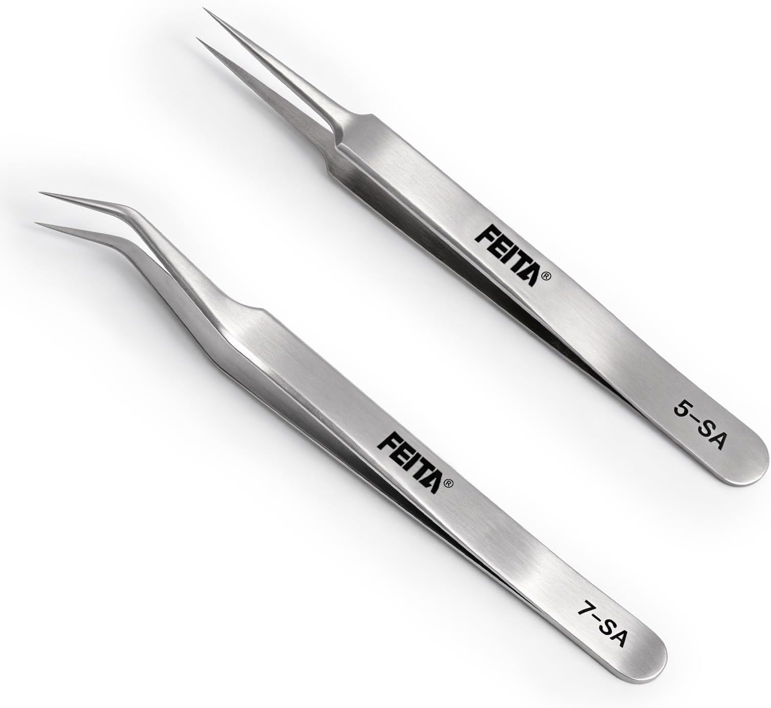 FEITA Precision Tweezers - Professional Stainless Steel Straight & Curved Pointed Very Fine Tips Tweezer Set for Eyelash Extension, Lash Extensions, Hair Plucking (Silver 2Pcs)