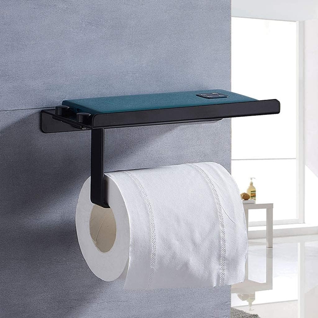 Toilet Paper Holder Modern Toilet Roll Paper Holder Wall Mounted Stainless Steel Bathroom Paper Phone Holder with Storage Shelf Rack Toilet Paper Holder(A-Black)