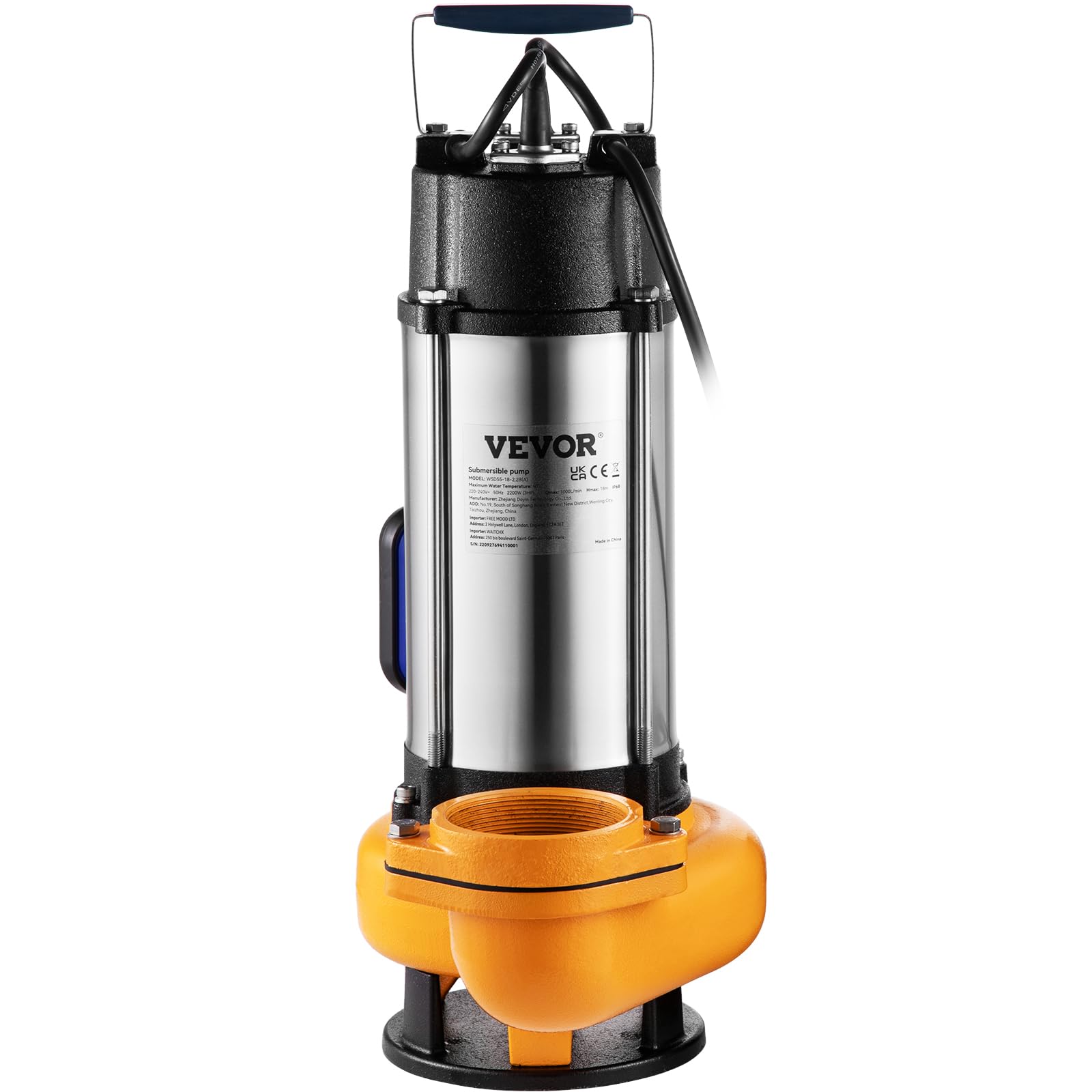 VEVOR Schmutzwasserpumpe mit var. Schwimmerschalter Tauchpumpe 2200W Gartenpumpe Durchfluss 60000L/h Schmutzwassertauchpumpe max. Hub 18m Wasserpumpe IPX8 Ideal zum Pumpen von Wasser
