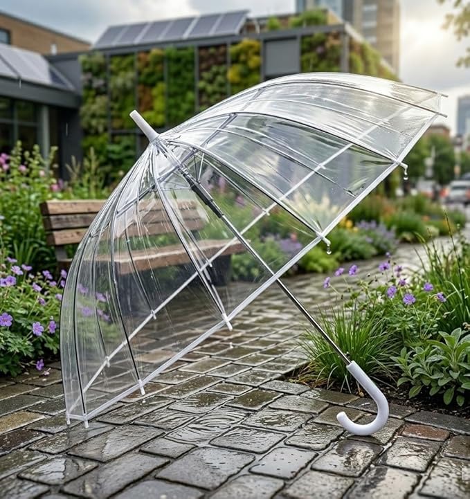 Image of Clear Transparent Windproof Umbrella Foldable Long Design, Outdoor Rain Umbrella for Camping, Hiking, Travel, Picnic, Weddings & Photoshoot Use