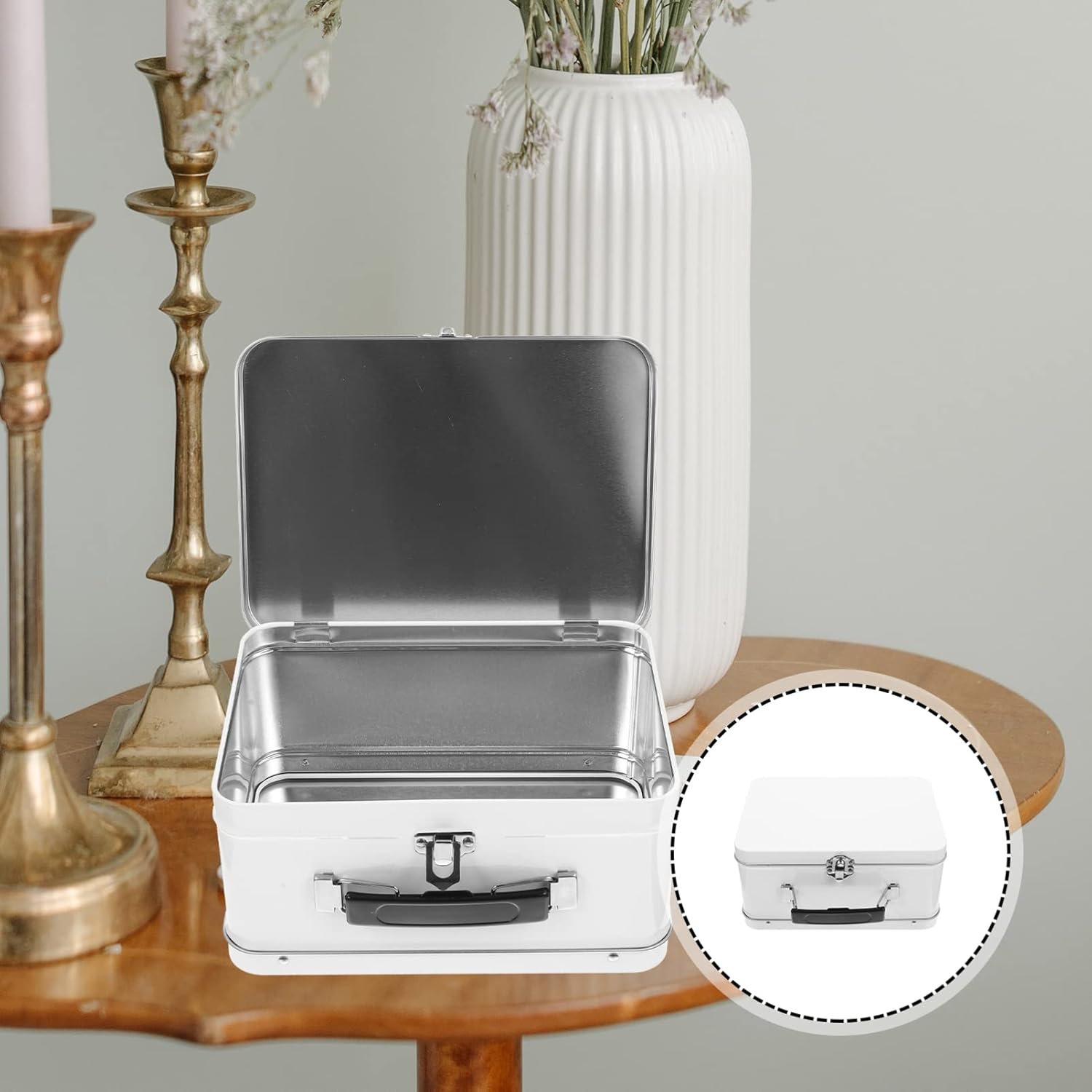 White Tinplate Lockable Storage Box with Handle, Portable Metal Organizer for Jewelry, Trinkets, Documents, Coins, and Small Items, 8.07 X 3.93 X 5.90 Inch