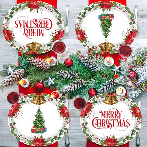 QZYL 50 PCS Oval Christmas Paper Plates, 12.2" x 10.2" Disposable Xmas Trees Paper Plates, Holly Leaf Platters Christmas Party Decorations, Tableware Set for Holiday Family New Year Party Dinnerware – Image 5