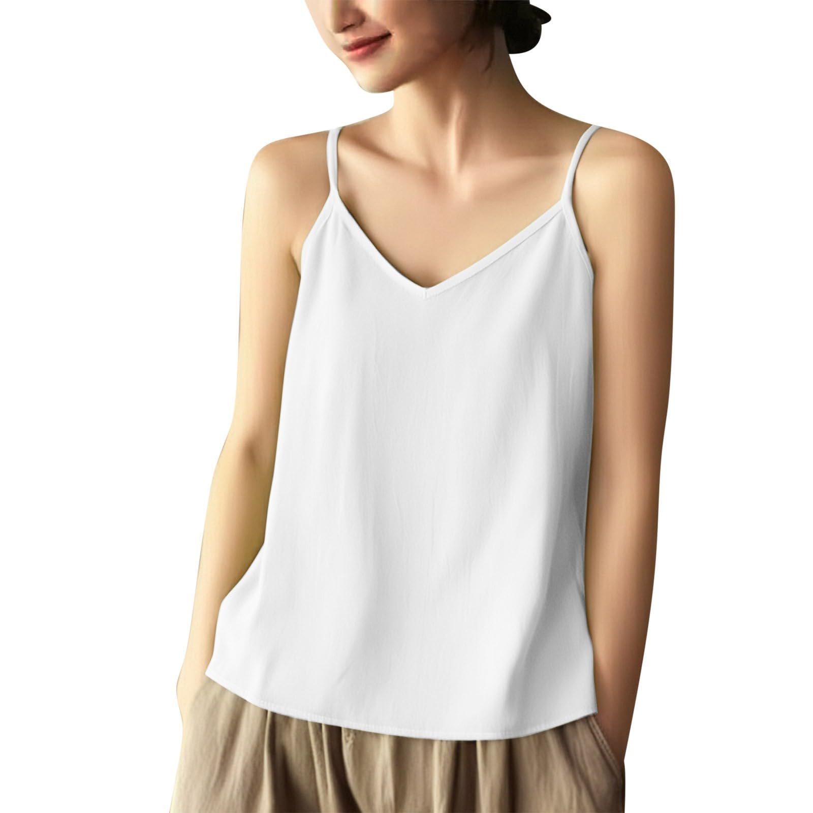 Borniu Womens Lightweight Cotton Linen Camisole Tank Tops Elegant Spaghetti Strap V Neck Loose Lightweight Shirts Tees