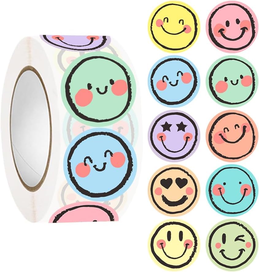 Smiley Face Stickers Roll 500 PCS Reward Stickers with 10 Cute Positive Designs 1 Inch Colorful Smile Stickers for Teachers Parents Students Classroom Planners Scrapbooking