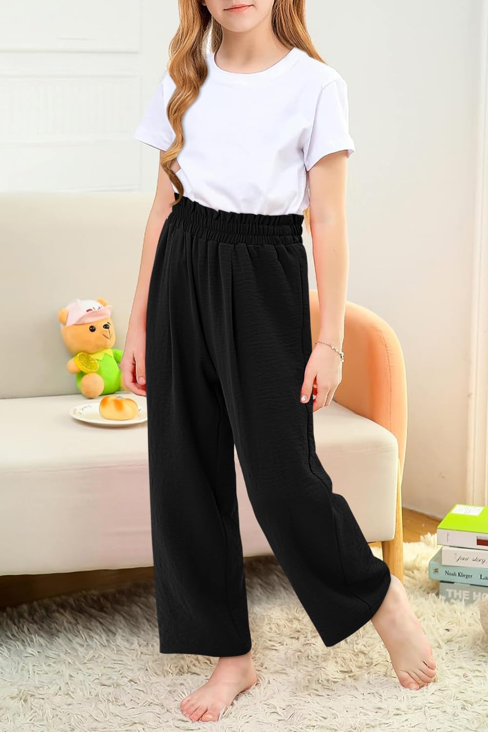 Yoklass Girls Casual Pants High Waist Wide Leg Flowy Loose Long Trousers 4-14 Years - Image 3