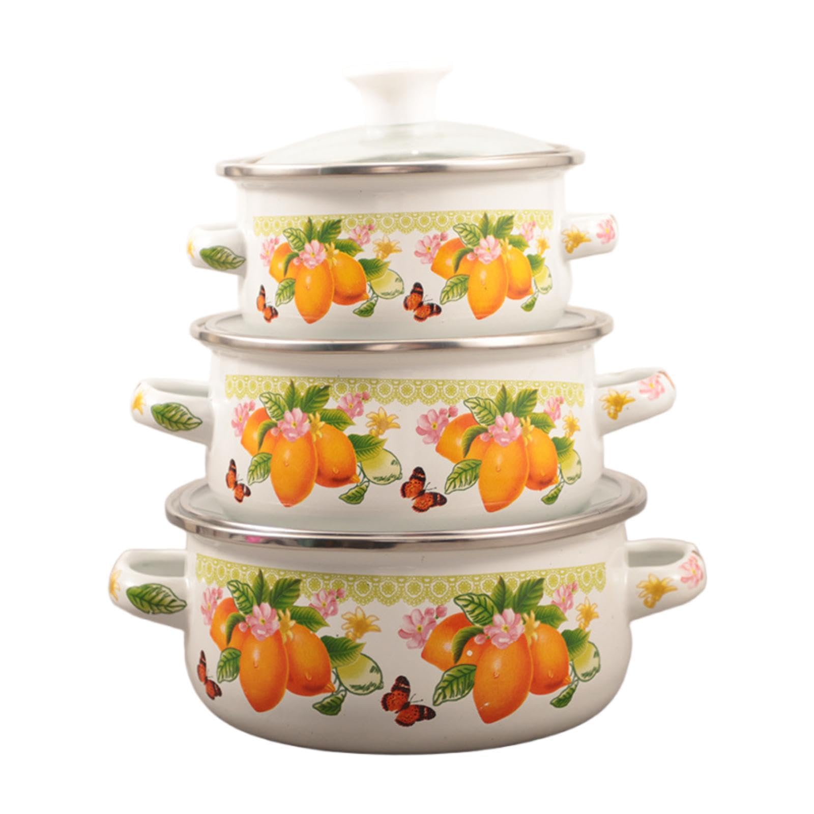 3 Pentole Smaltate con Coperchio, Pentole per Zuppa a Doppio Manico, Smaltate per Ristoranti, Sale Da Pranzo E Cucine, Limone