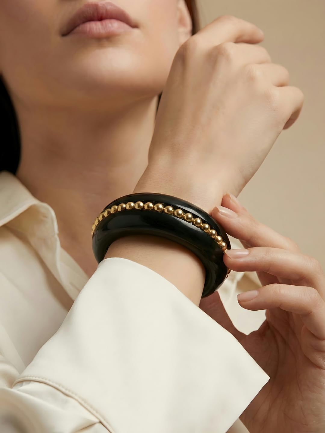 Adiva Black Glossy Acrylic Resin Statement Bangle with Gold Bead Detailing for Women & Girls | Western Style Fashion Bangle Bracelet | Lightweight Designer Jewellery, Party & Festive 1