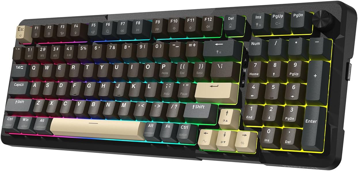 Redragon K742 Wireless Mechanical Gaming Keyboard with Knob, Bluetooth 5.0/2.4GHz/USB C Wired Creamy Keyboard with Number Pad for PC Computer, RGB Backlits, Hot-Swappable with Linear Switches (Brown)