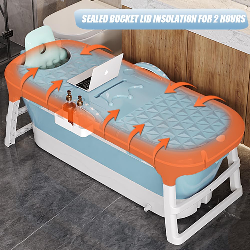 Baignoire pliable pour adultes, bain polaire en plein air, 118 * 60 * 53cm, portable, pliable, avec couvercle et rouleaux de massage, panier à savon, pour salle de bain et douche (Bleu)