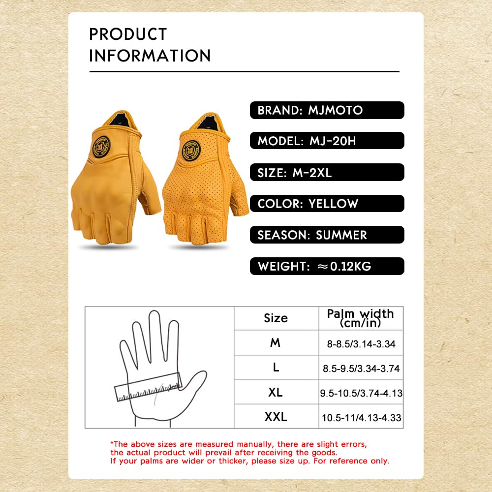 Guantes retro de medio dedo de piel amarilla con perforaciones transpirables y agarre antideslizante, cierre de velcro, unisex