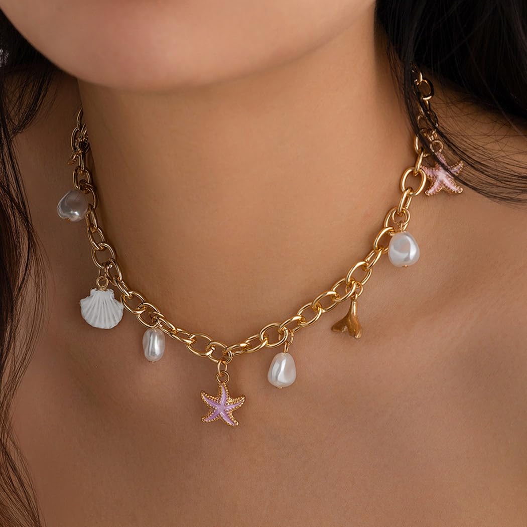 Ursumy Boho Beach Necklace Shell Starfish Necklace Layered Sun Necklaces Mermaid Costume Jewelry Beach Jewelry for Women (Pink) - Image 4