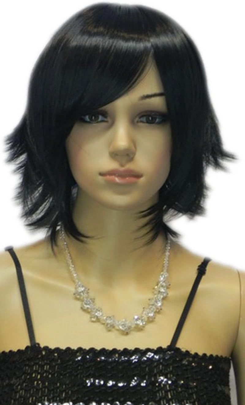 Short Black Wig for Women Synthetic Curly Bob Wig for Girl Halloween Costume Party Cosplay Wig with Bangs