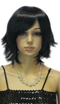 Short Black Wig for Women Synthetic Curly Bob Wig for Girl Halloween Costume Party Cosplay Wig with Bangs