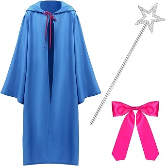 3 Pcs Halloween Blue Fairy Hooded Cloak Cape Include Blue Fairy Hooded Cloak Wands Bow Tie for Women Cosplay Party