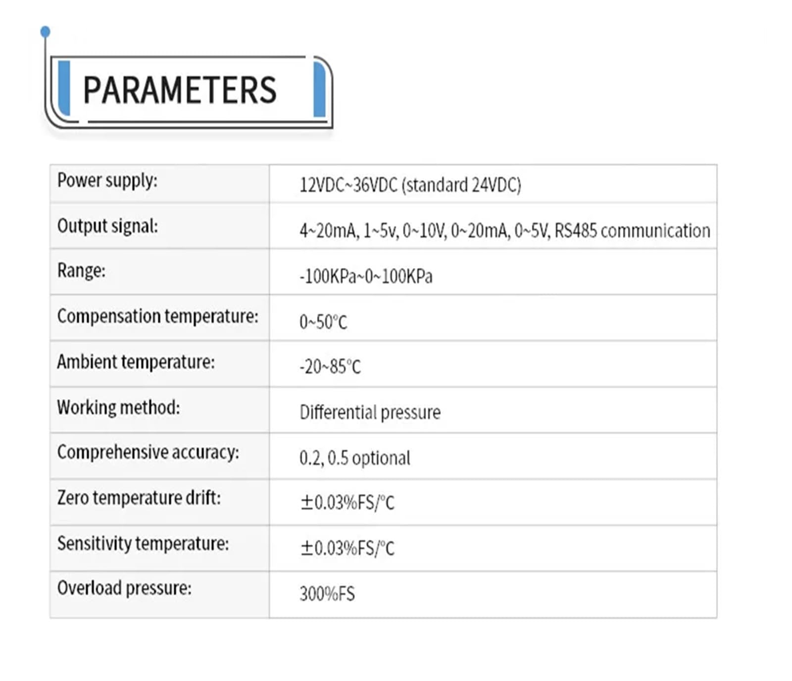 Sensor de presión diferencial de Aire 4-20 mA 0-10 V RS485 Transductor de presión diferencial 0-30 kPa Transmisor de presión diferencial(0-10v Output,0-1 Kpa)