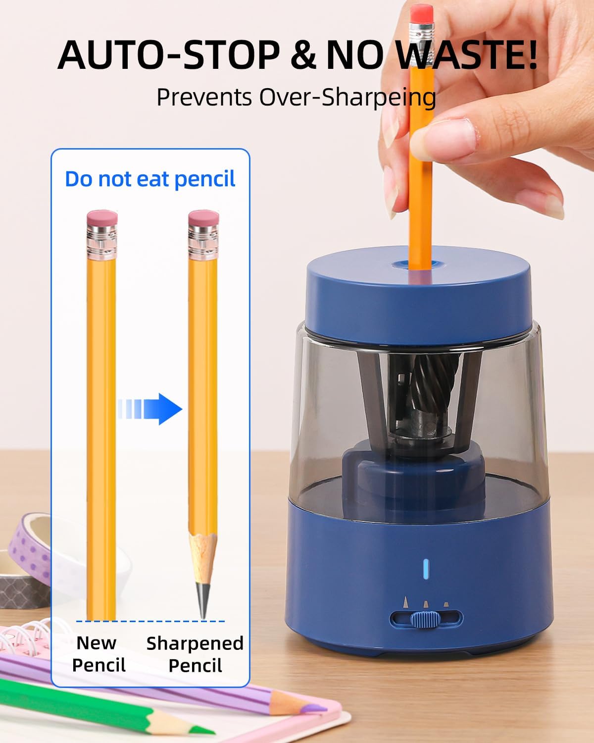 ZMOL Electric Rechargeable Pencil Sharpener, Automatic Pencil Sharpeners Kids, Battery Pencil Sharpeners for Colored Pencils, Auto Stop, Suitable for No.2(6-8mm), Classroom/Home Blue