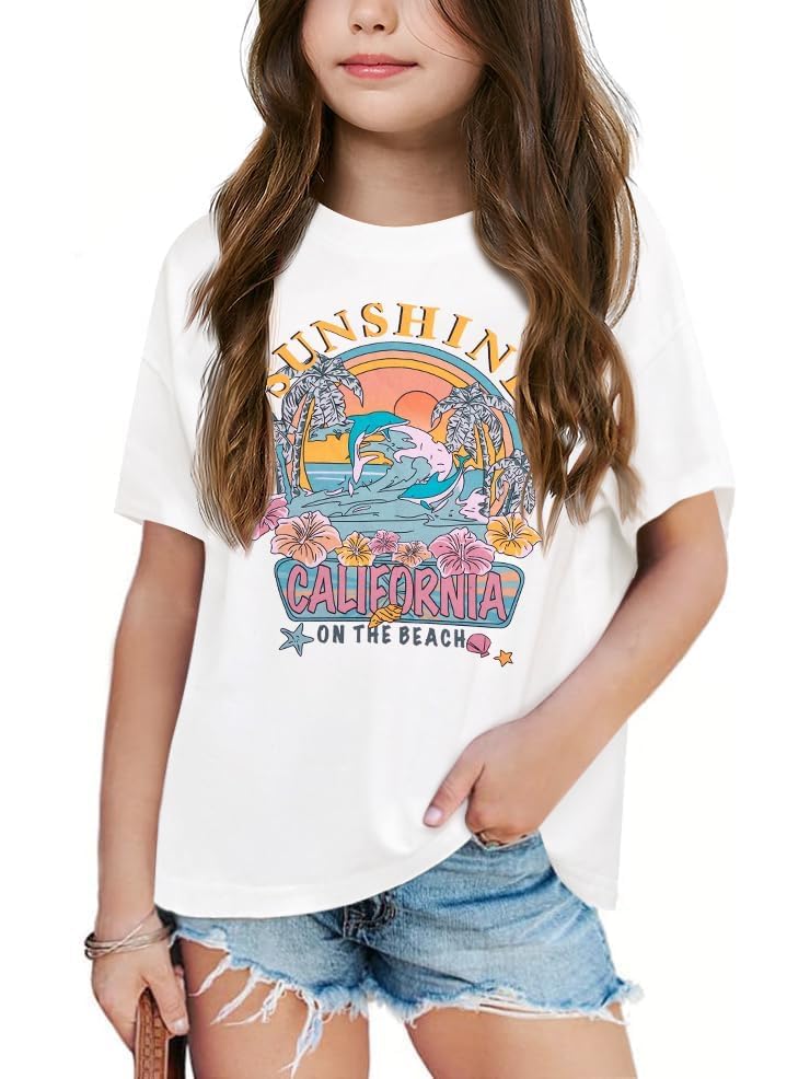 Image of Girls Graphic Shirts Oversized Sunshine T Shirt Short Sleeve Tee Tops Cute Trendy Girls Clothes for 5-14 Years