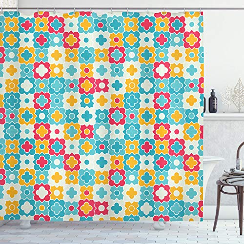 Ambesonne Quatrefoil Shower Curtain, Clover Leaves Barb Style Clover Lattice Boho Colorful Themed, Cloth Fabric Bathroom Decor Set with Hooks, 69