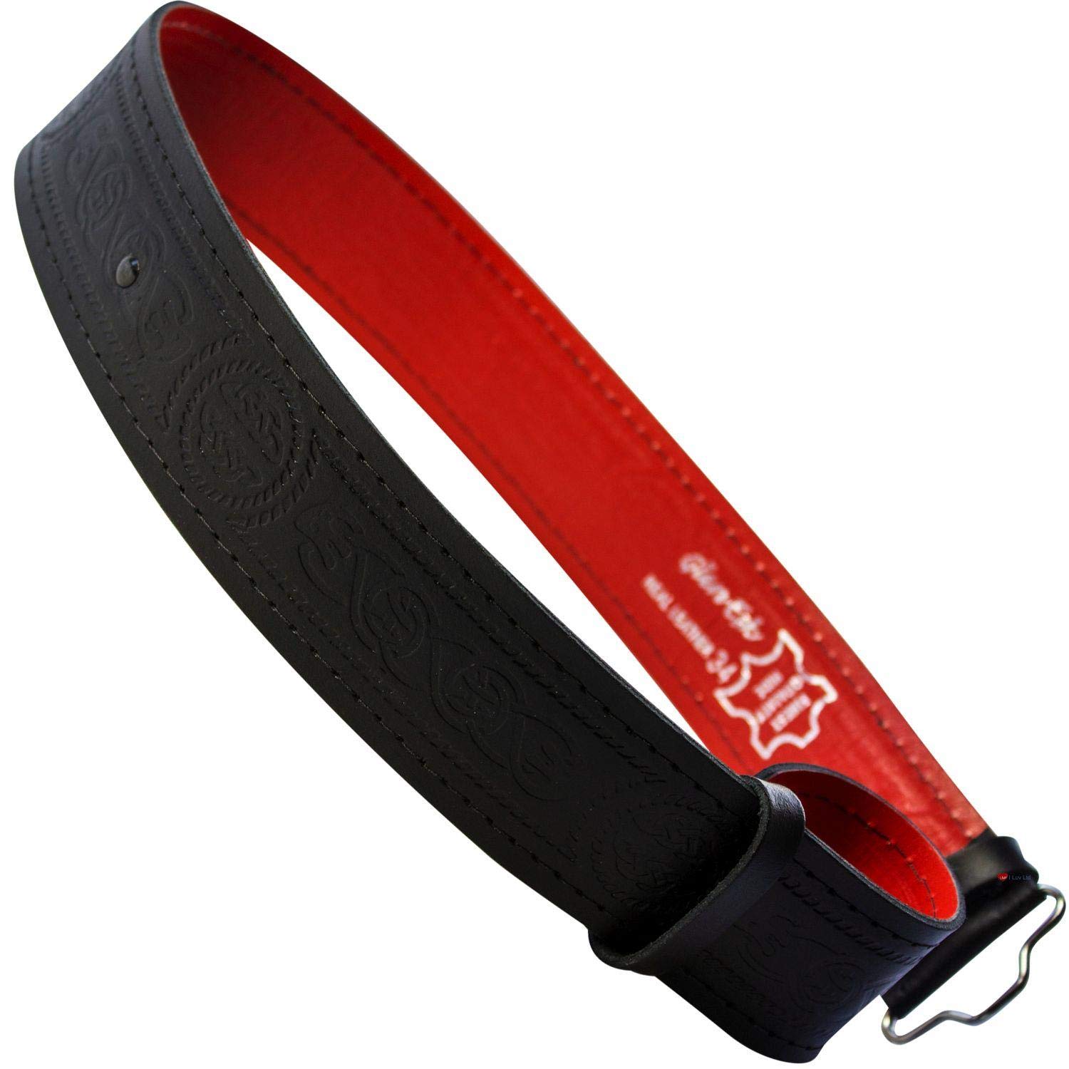 Leather Kilt Belt Celtic Serpent Red Lined Buckle Fastening Scottish Made, Size 32