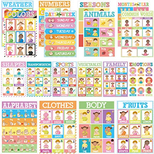 Image of 18 Pieces Sign Language Poster ASL Poster for Classroom ASL Posters Sign Language Flash Cards for Toddlers Kids Students Classroom Decoration
