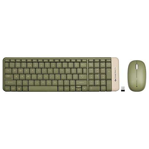 ZEBRONICS Companion 104 2.4GHz Wireless Keyboard & Mouse Combo, 100 Keys, Laser Printed Keycaps, Integrated Multimedia Keys, 3 Button Mouse, 1200 DPI, High Precision, Advanced Optical Sensor (Green)