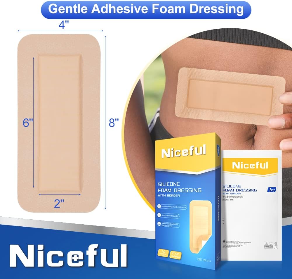 Silicone Foam Dressing 4"x8"(10 Count) | Large Bandages for Wound Care/Bed Sores/Post-Surgery