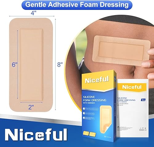 Miniatura 27 de Apósito de espuma de silicona de 4 x 4 pulgadas, vendajes de silicona impermeables con adhesivo de borde, vendajes de alta absorción, vendajes