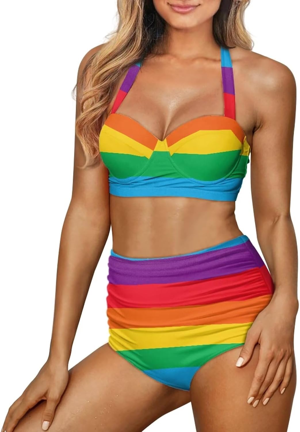 Womens Swimsuit Set High Waisted Bottom 2 Piece Bikini Wrap Front Bathing Suit Swimwear Tummy Control S-2XL