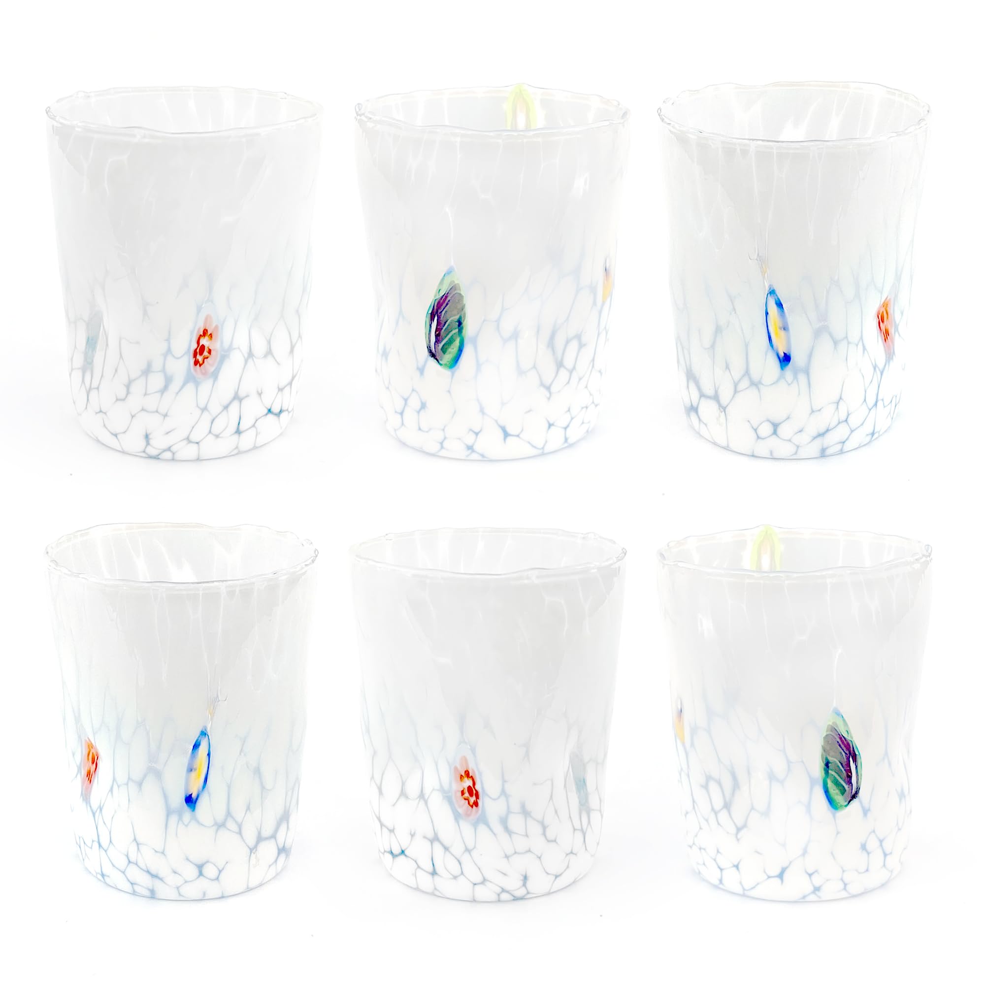 MAZZEGA ART & DESIGN - 6 Bicchieri Tumbler Bianco in Vetro Soffiati e Lavorati a Mano con Murrine di Murano, linea “I Colori di Murano” 350 ml. Made in Italy (Bianco, 6)