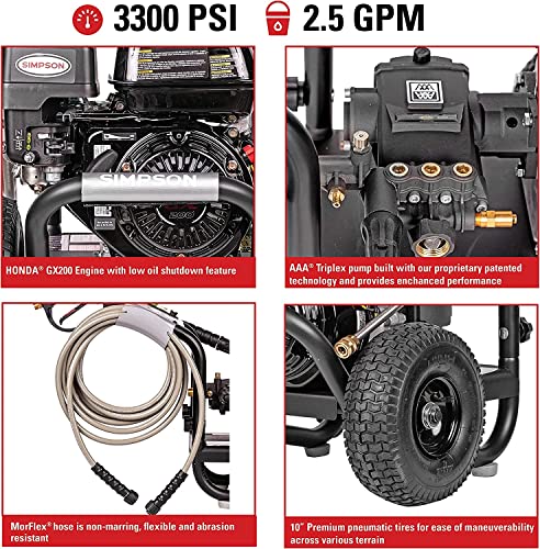 Simpson Cleaning Ps3228 Powershot 3300 Psi Gas Pressure Washer, 2.5 Gpm, Honda Gx200 Engine, Includes Spray Gun And Extension Wand, 5 Qc Nozzle Tips, 5/16-Inch X 25-Foot Morflex Hose #TOP1
