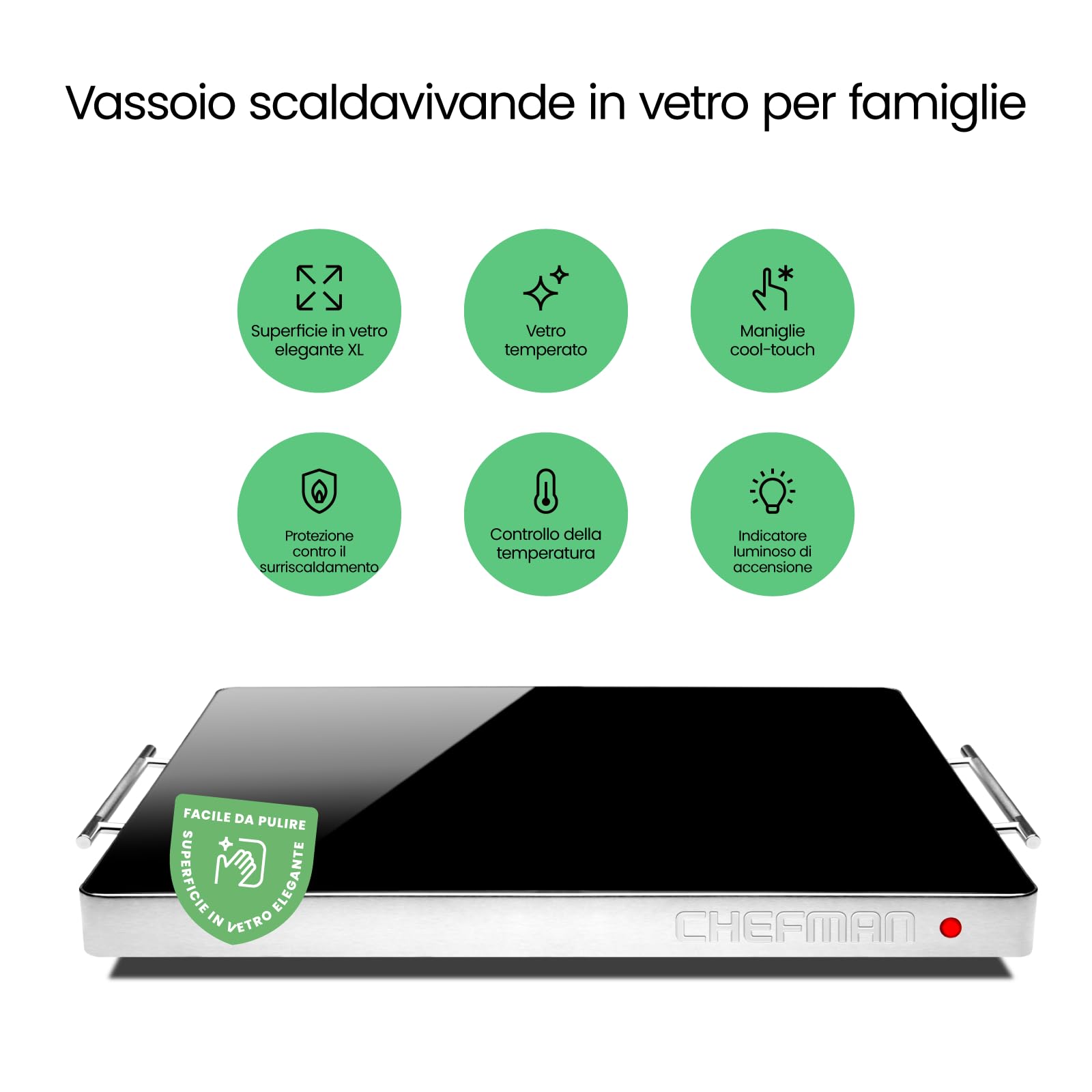 Scaldavivande elettrico Chefman con temperatura regolabile, perfetto per buffet, ristoranti, feste, eventi e cene a casa, superficie in vetro 25" x 18" per mantenere il cibo caldo – Nero