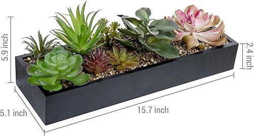 Miniatura 5 de MyGift Arreglo artificial surtido de suculentas en caja rectangular de madera negra, decoración de plantas falsas