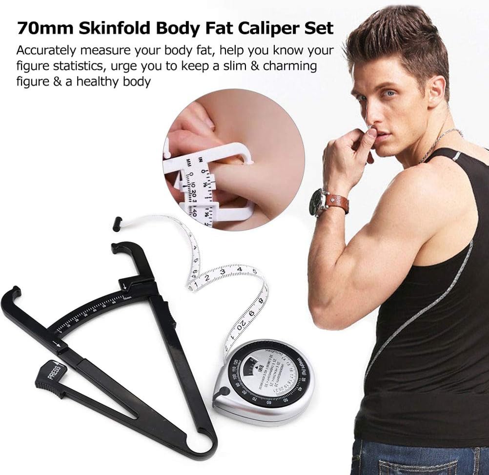 Asver Black Color 70mm Skinfold Body Fat Monitor, Fat Caliper BMI Tape Measure Set, with Measurement Chart Caliper Health Care Tool Bodybuilding Gift : Health & Household