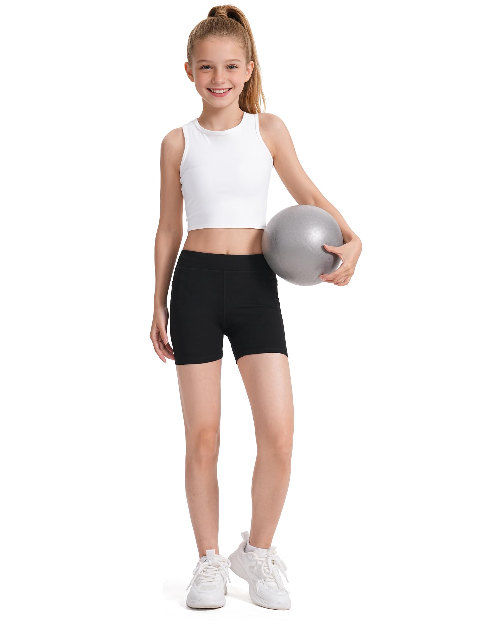 KEREDA Kurze Sporthose Mädchen Turnhose Kinder Radlerhose Teenager Sport Shorts Hosen Leggings mit Tasche,7-14 Jahre