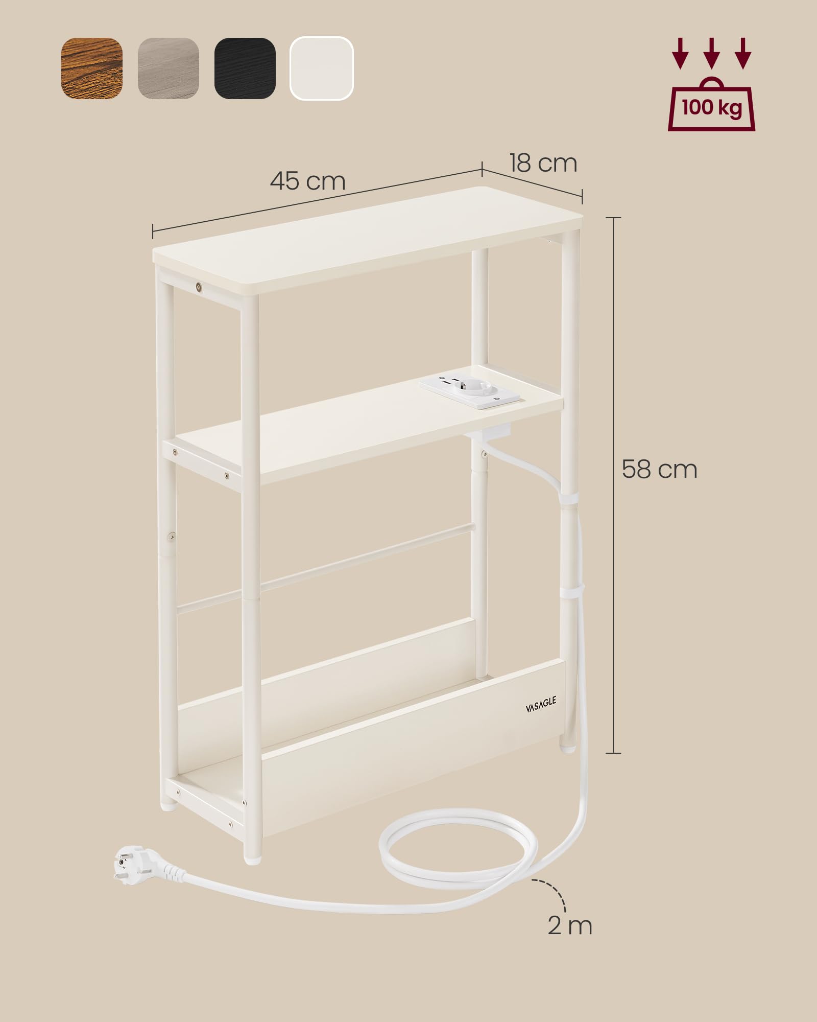 VASAGLE Bijzettafel, klein nachtkastje met stekkerdoos, dun, 2 AC-stopcontacten, 2 USB-poorten, 30 x 34 x 58 cm, voor woonkamer, slaapkamer, rustiek bruin en zwart LET375B01