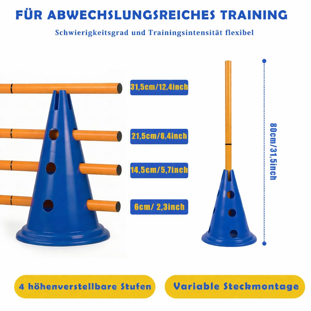 Cavaletti Stangen Hund Agility Set Hunde Klein Groß 30 cm Hoch, Sports Steckhürdenset mit 8 Kegel 16 Stangen, für Pylonen Hundetraining & Fussball Trainingszubehör
