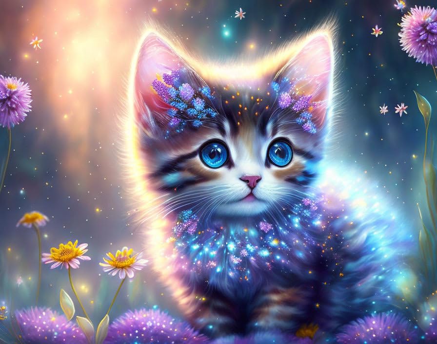 Poster chaton fleuri étoilé 50x70 cm idéal pour décorer une chambre