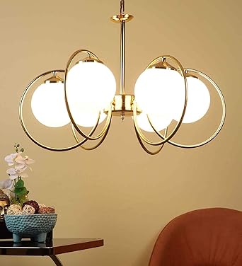 WOKE Metal Mid Century Modern 6 Light Chandelier Gold Plating Pendant Lighting Contemporary 6 Rings Glass Ball Hanging Ceiling Lamp Interior Bedroom Living Room Kitchen Decor Lighting Fixture