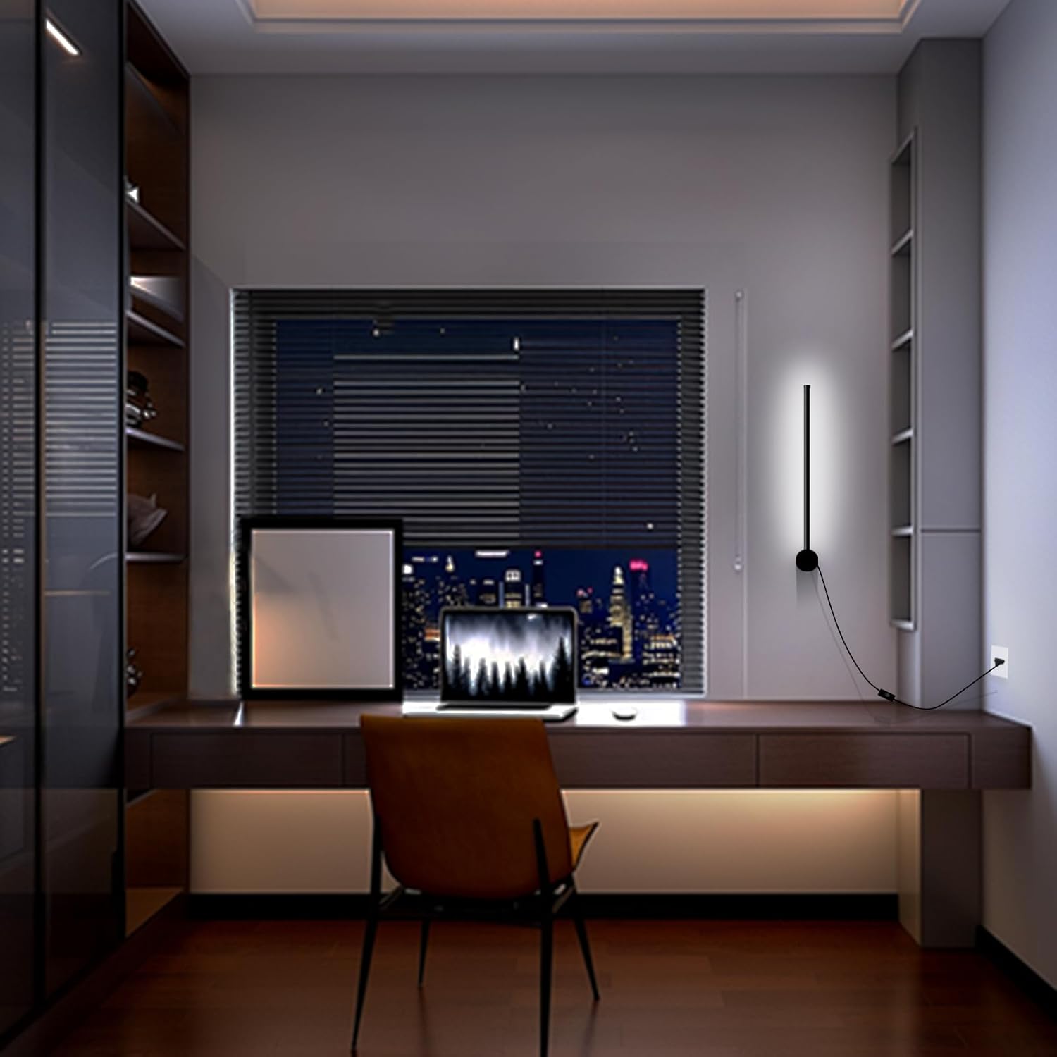 Kawell 19.7 Inch Rotatable LED Wall Sconce 12W Plug in Wall Light Bar with Switch Modern Black Linear Lamp for Bedroom Living Room Office, Cold White