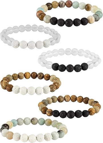 6 pulseras de cuentas de piedra de lava, pulseras elásticas de piedras preciosas naturales Difusor de aceite esencial de aromaterapia, chakras