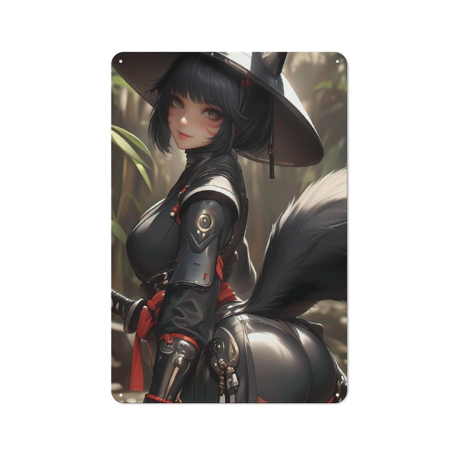 Junmoney Girls Style-9 Anime Fox In Black Outfit Gaming Shed Style Metal Wall Decor 30X20cm, Tin Sign For Conservatory, Home Bar Or Utility Room