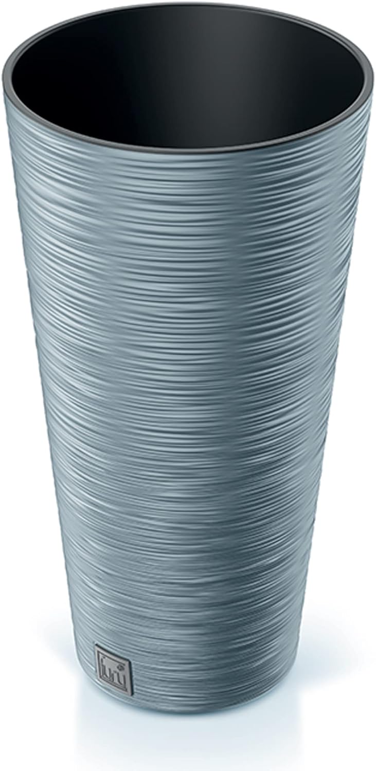 Prosperplast 2-in-1 Flower Pot with Insert Plant Pot Planter Chisel Look Plastic Round Diameter 25 cm (Grey)