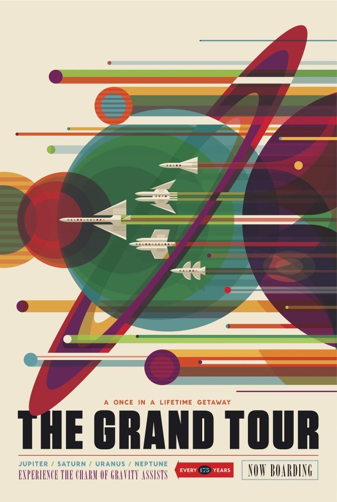 Retro Space Travel Poster of a Solar System Grand Tour Aboard The Voyager Spacecraft Poster Print by Stocktrek Images (11 x 17)