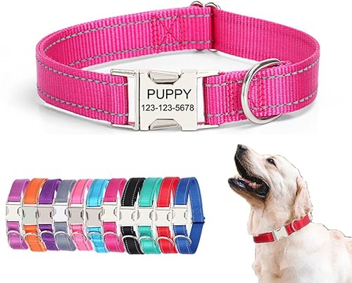 Collar reflectante personalizado para perro, placa de identificación grabada gratis, hebilla de metal suave de nailon completo, collares ajustables