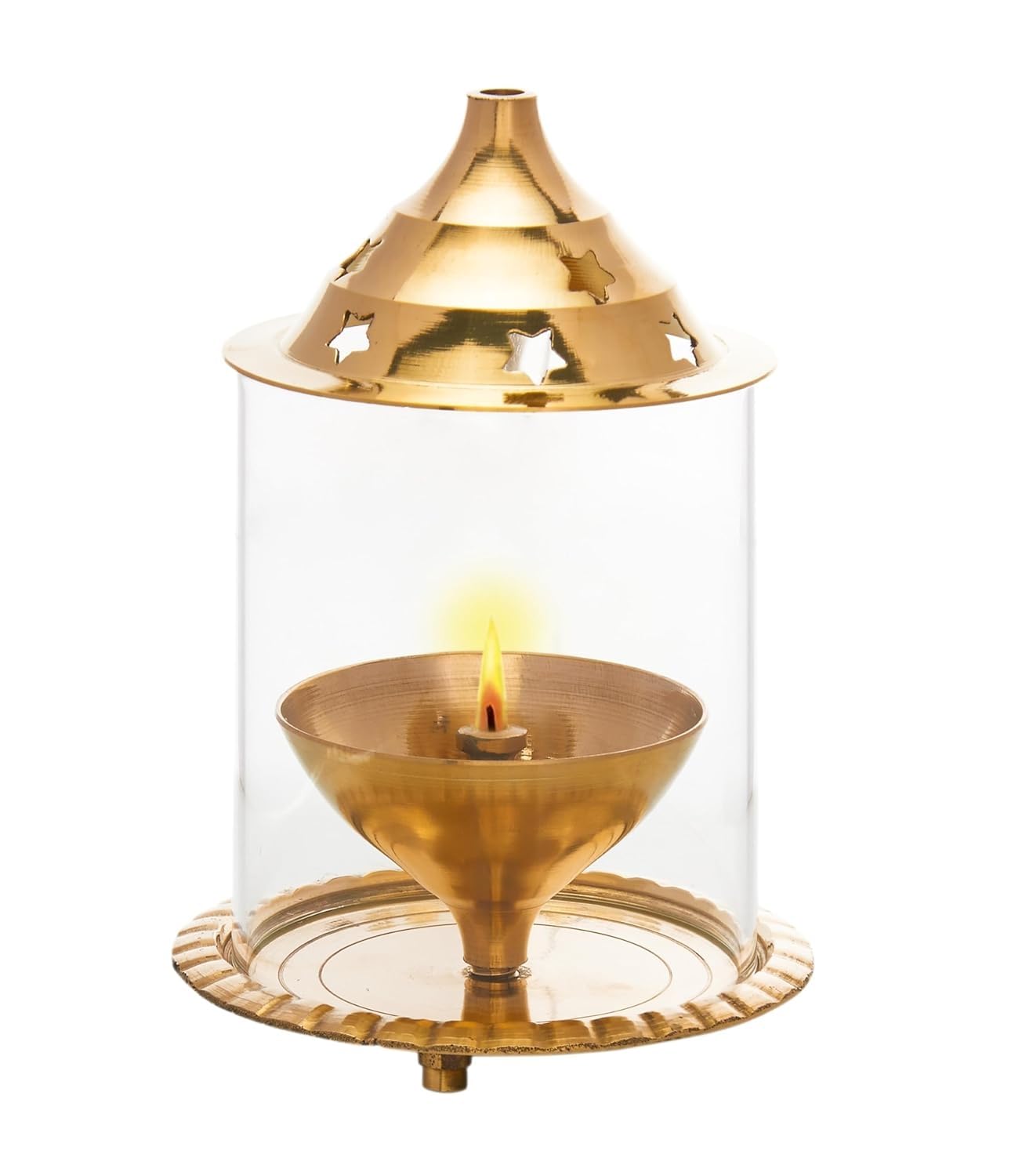 Lampada a olio Diya in ottone con copertura in vetro – Tradizionale Puja Deepak per casa e tempio – Fiamma durevole con elegante design a stelle